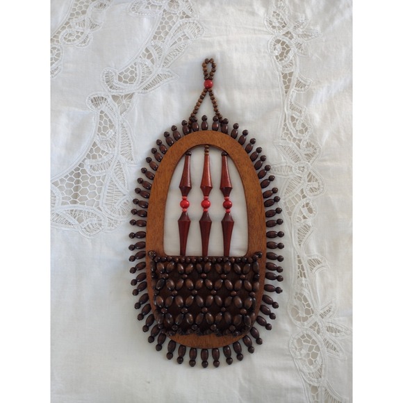 VTG Wood Bead Beaded Plant Hanger Hanging Wall Pocket Sconce Boho Tribal 70s - Picture 3 of 8